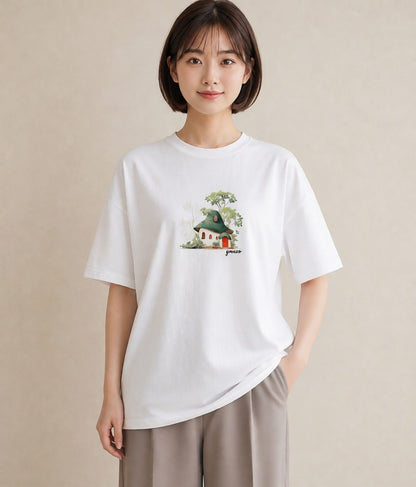 デザインTシャツ レディース 湖畔の小屋 湖 小屋 ナチュラル アンティーク イラスト ガーリー 海 カフェ巡り 白T