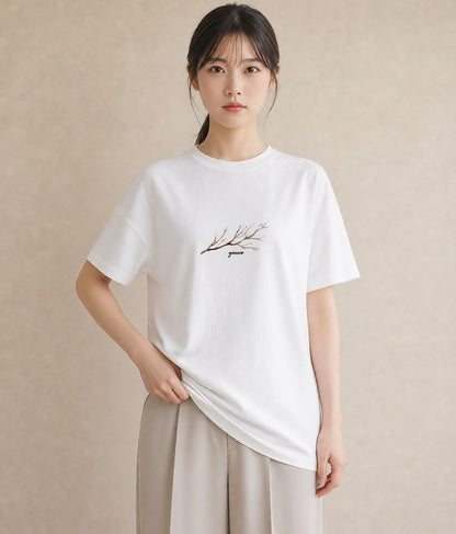 Tシャツ レディース ガラス瓶 小枝 ボタニカル ナチュラル アンティーク イラスト 個性的 誕生日プレゼント 綿100 白T