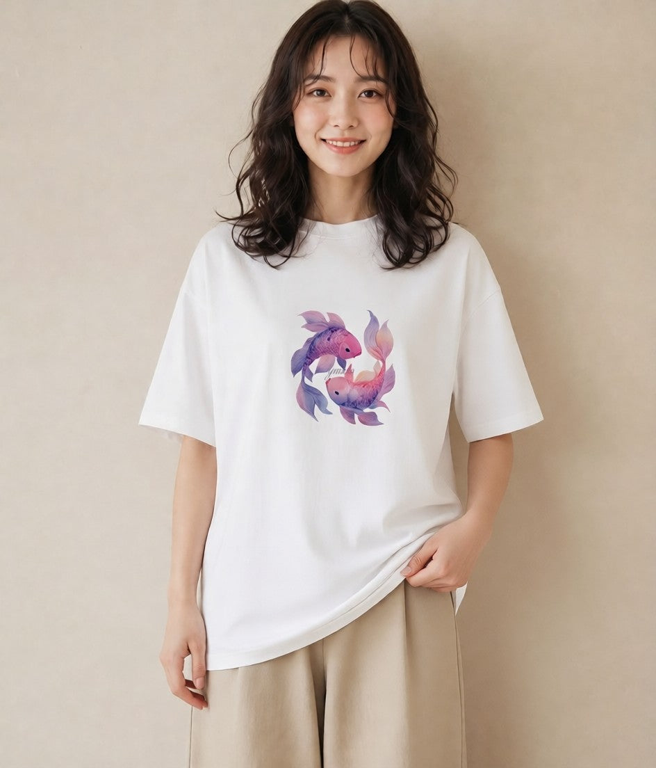 プリントTシャツ レディース 金魚 ペット 動物 イラスト アート風 ビーチ デイリーウェア 白T