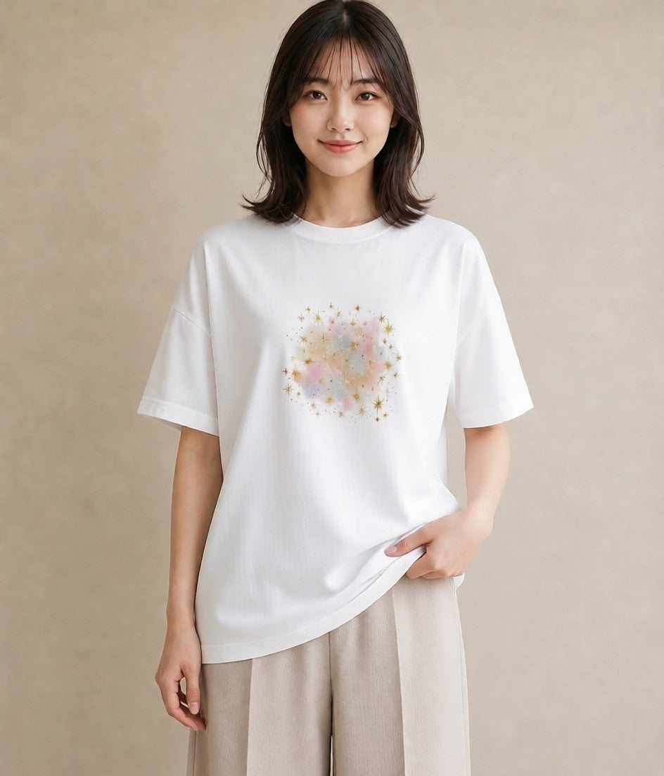 デザインTシャツ レディース 獅子座 星空 宇宙 イラスト アート風 買い物 夏コーデ 白T
