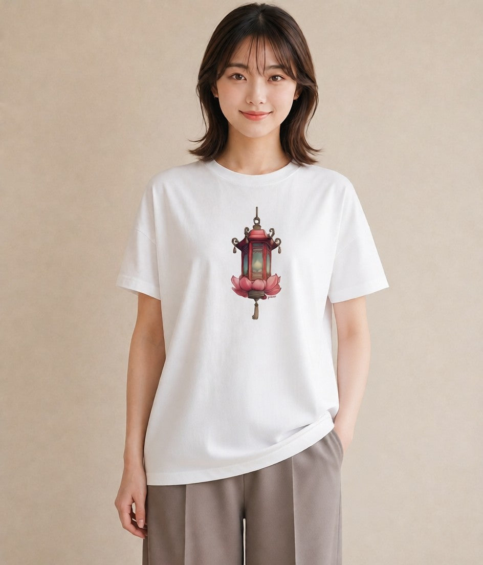 半袖Tシャツ レディース 街灯 夜霧 夜 ナチュラル アンティーク イラスト シンプル ホワイトデー 春服 白T