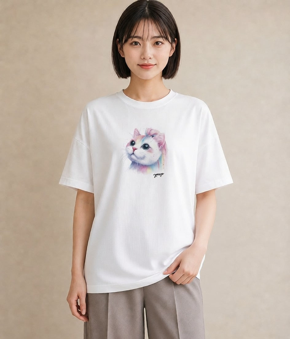 プリントTシャツ レディース ニャンコ 猫 ねこ イラスト お洒落 買い物 夏コーデ 白T