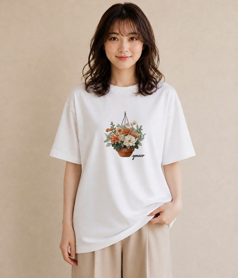デザインTシャツ レディース 自転車のかご 自転車 花かご ナチュラル アンティーク イラスト カジュアル デイリーウェア 休日 白T