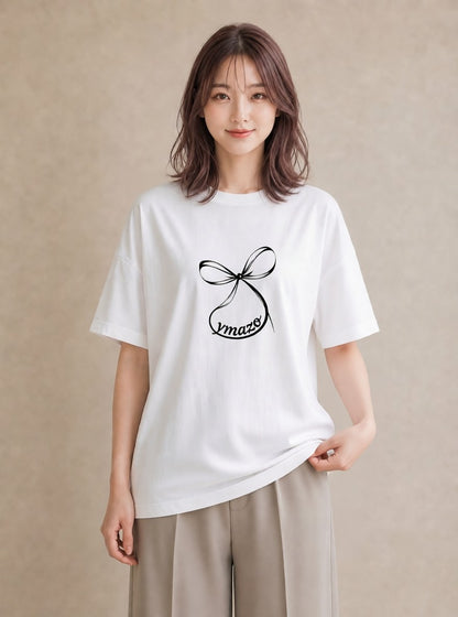 グラフィックTシャツ レディース リボン 蝶結び ナチュラル アンティーク イラスト 線画 綿100 デート 白T