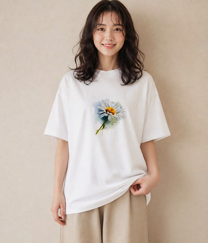 半袖Tシャツ レディース マーガレット 花 花柄 イラスト 水彩風 お出かけ 普段着 白T