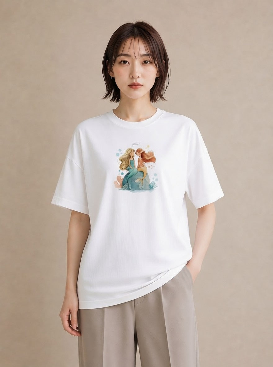 プリントTシャツ レディース 人魚 海の生き物 海 イラスト 韓国風 帰省 ラフ 白T