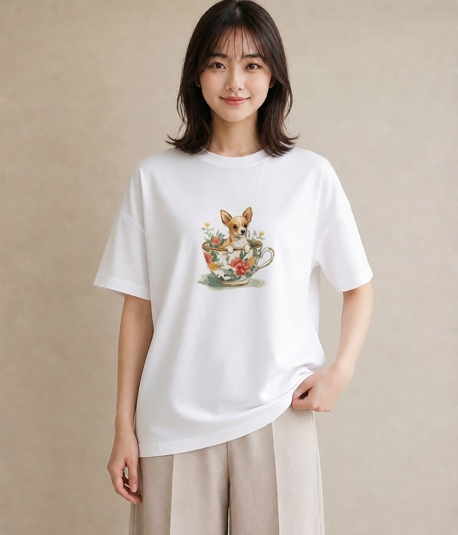 グラフィックTシャツ レディース チワワ 犬 いぬ イラスト きれいめカジュアル 友達ギフト 部屋着 白T