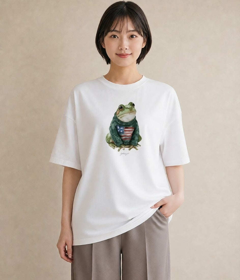 グラフィックTシャツ レディース アマガエル ペット 動物 イラスト 休日コーデ 旅行用 海 白T