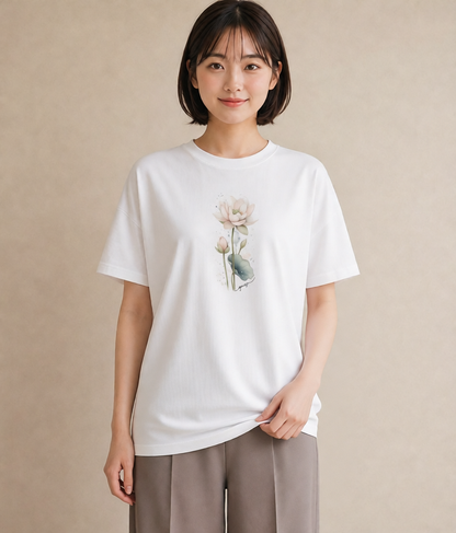 プリントTシャツ レディース ゆり 百合 花 花柄 イラスト ラフ 春服 ミセス 白T