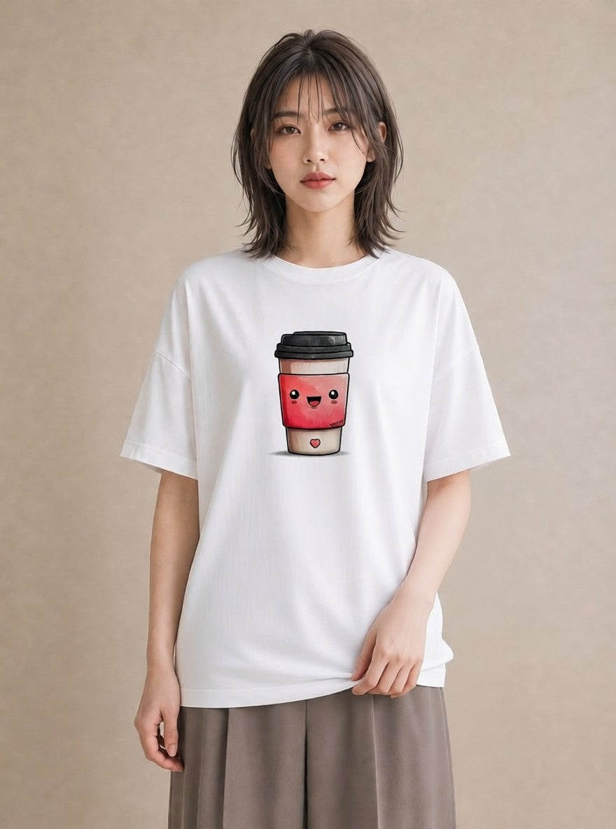 デザインTシャツ レディース カフェラテ 食べ物 フード イラスト 水彩風 親子 20代 白T