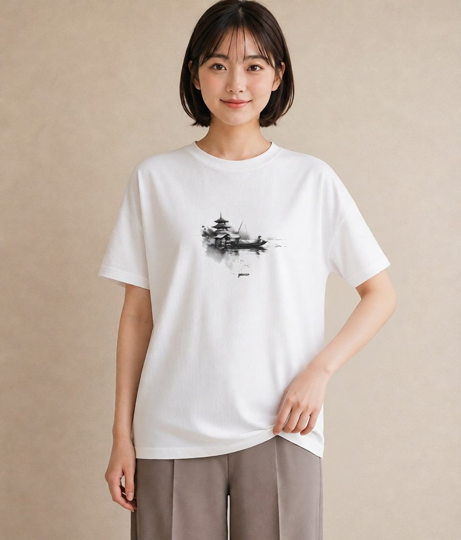 プリントTシャツ レディース 紙の船 水辺 ナチュラル アンティーク イラスト こなれ感 敬老の日 ホワイトデー 白T