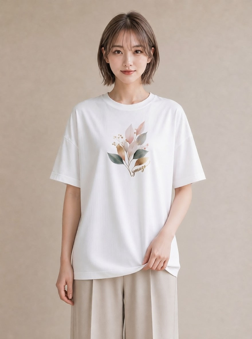 デザインTシャツ レディース 落ち葉 植物 ボタニカル イラスト フェミニン カフェ巡り 女子会 白T