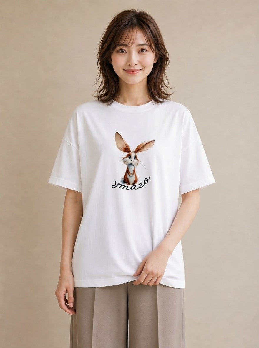 Tシャツ レディース ロップイヤー ペット 動物 イラスト アート風 ビーチ デイリーウェア 白T