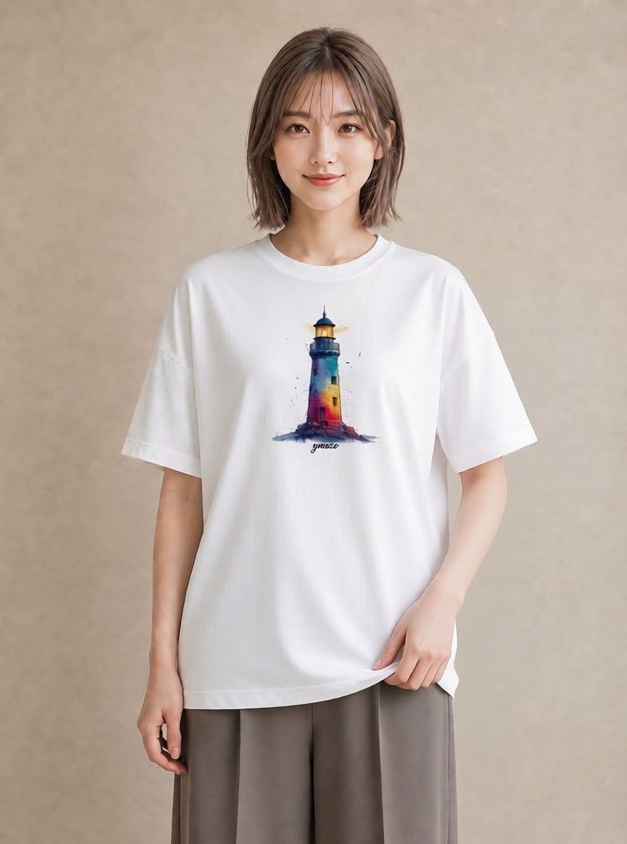 グラフィックTシャツ レディース 灯台 霧 海 ナチュラル アンティーク イラスト モード 秋コーデ おしゃれギフト 白T