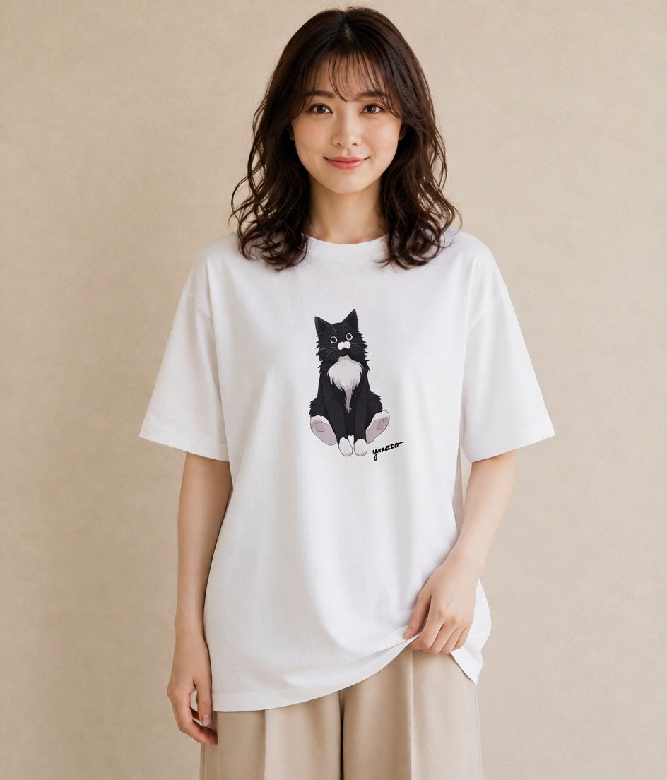 Tシャツ レディース ハチワレ 白黒猫 猫 ねこ イラスト きれいめ 通勤 在宅 白T