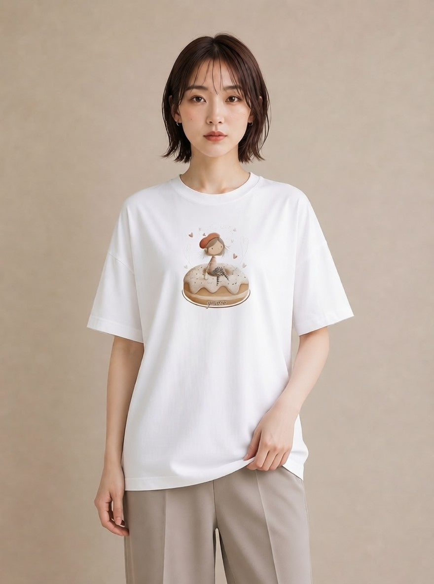 グラフィックTシャツ レディース ドーナツ 食べ物 フード イラスト ミニマル 春コーデ 姉妹 白T