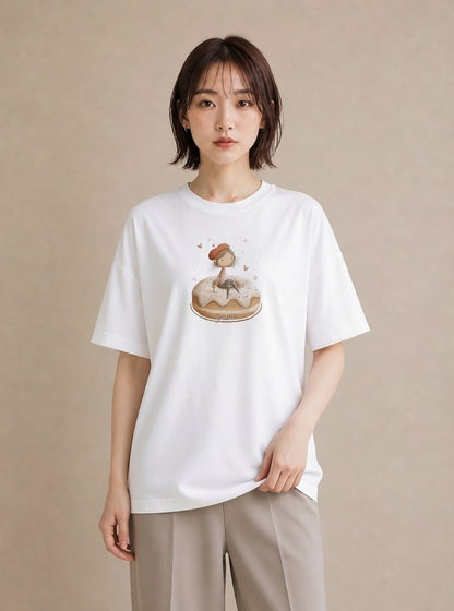グラフィックTシャツ レディース ドーナツ 食べ物 フード イラスト ミニマル 春コーデ 姉妹 白T