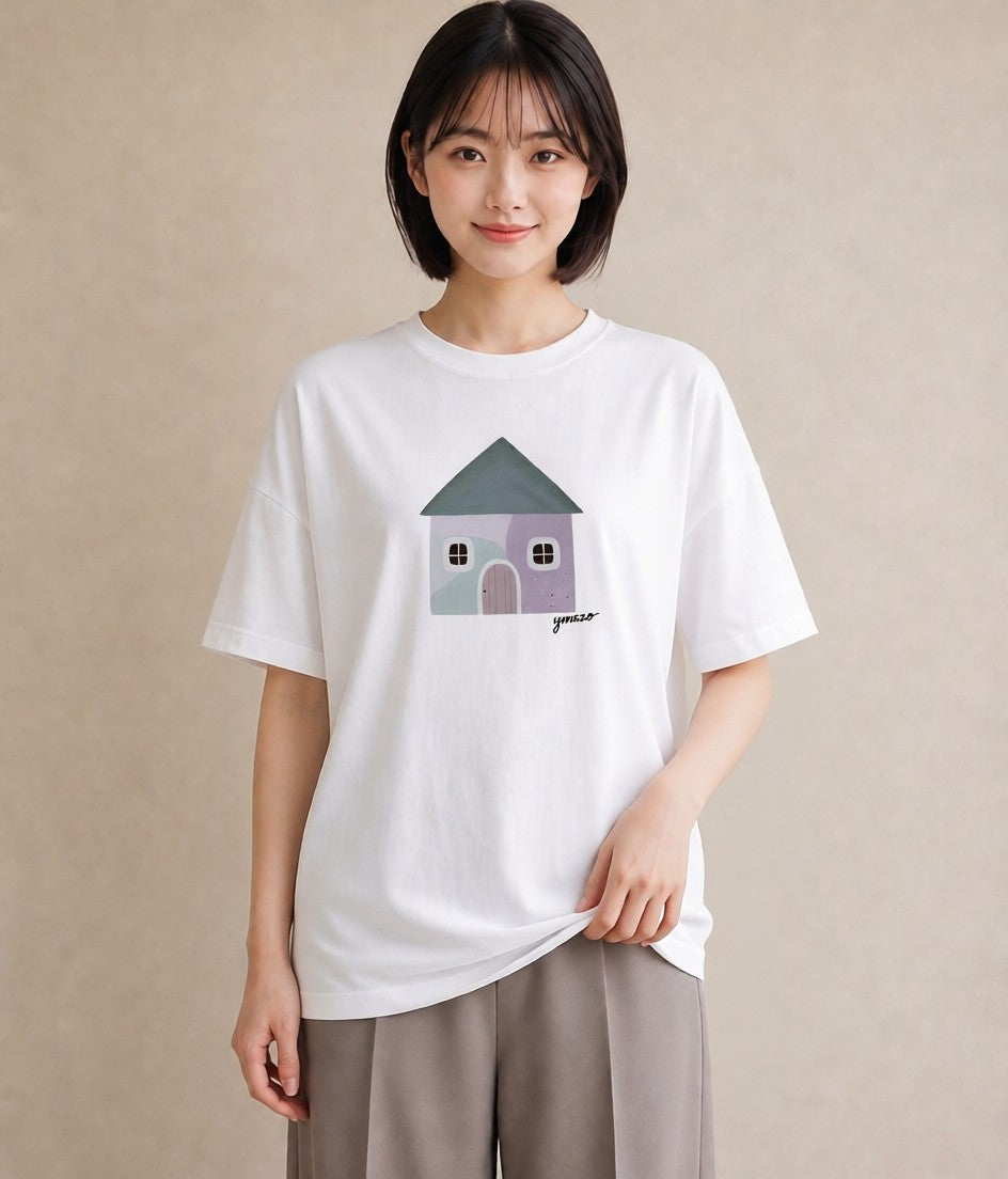 デザインTシャツ レディース 灯りの家 小屋 夜 ナチュラル アンティーク イラスト 通学 誕生日プレゼント 白T