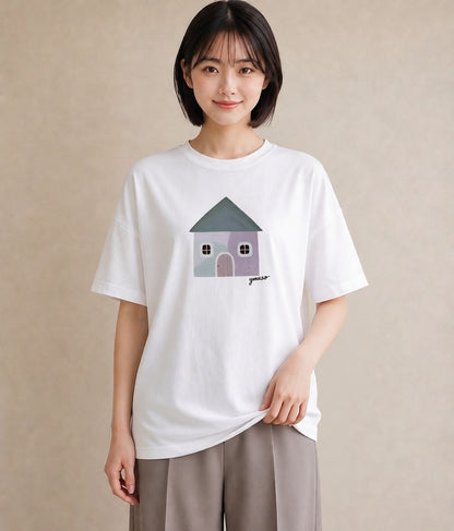 デザインTシャツ レディース 灯りの家 小屋 夜 ナチュラル アンティーク イラスト 通学 誕生日プレゼント 白T