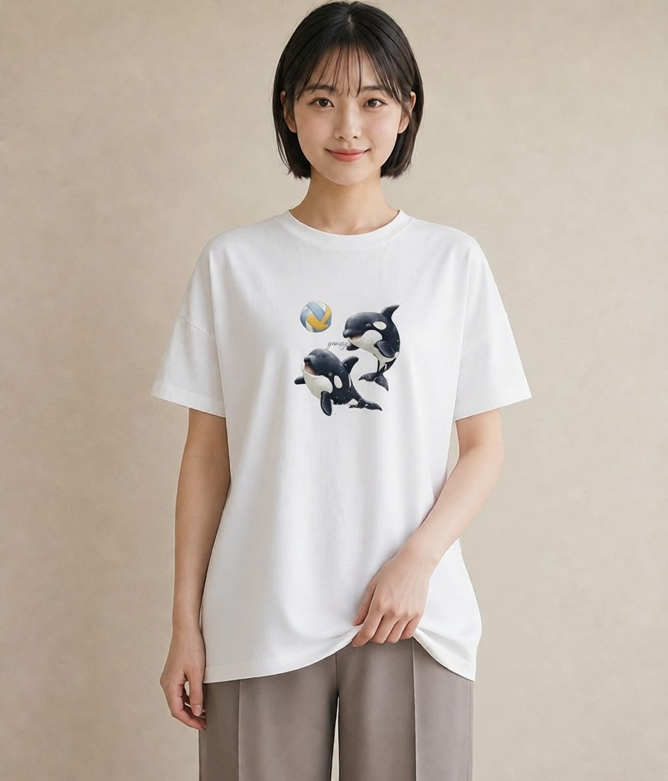 Tシャツ レディース シャチ 海の生き物 海 イラスト ラフ 在宅 公園 白T