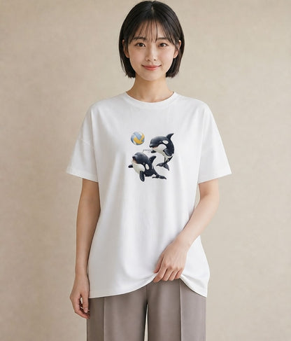 Tシャツ レディース シャチ 海の生き物 海 イラスト ラフ 在宅 公園 白T