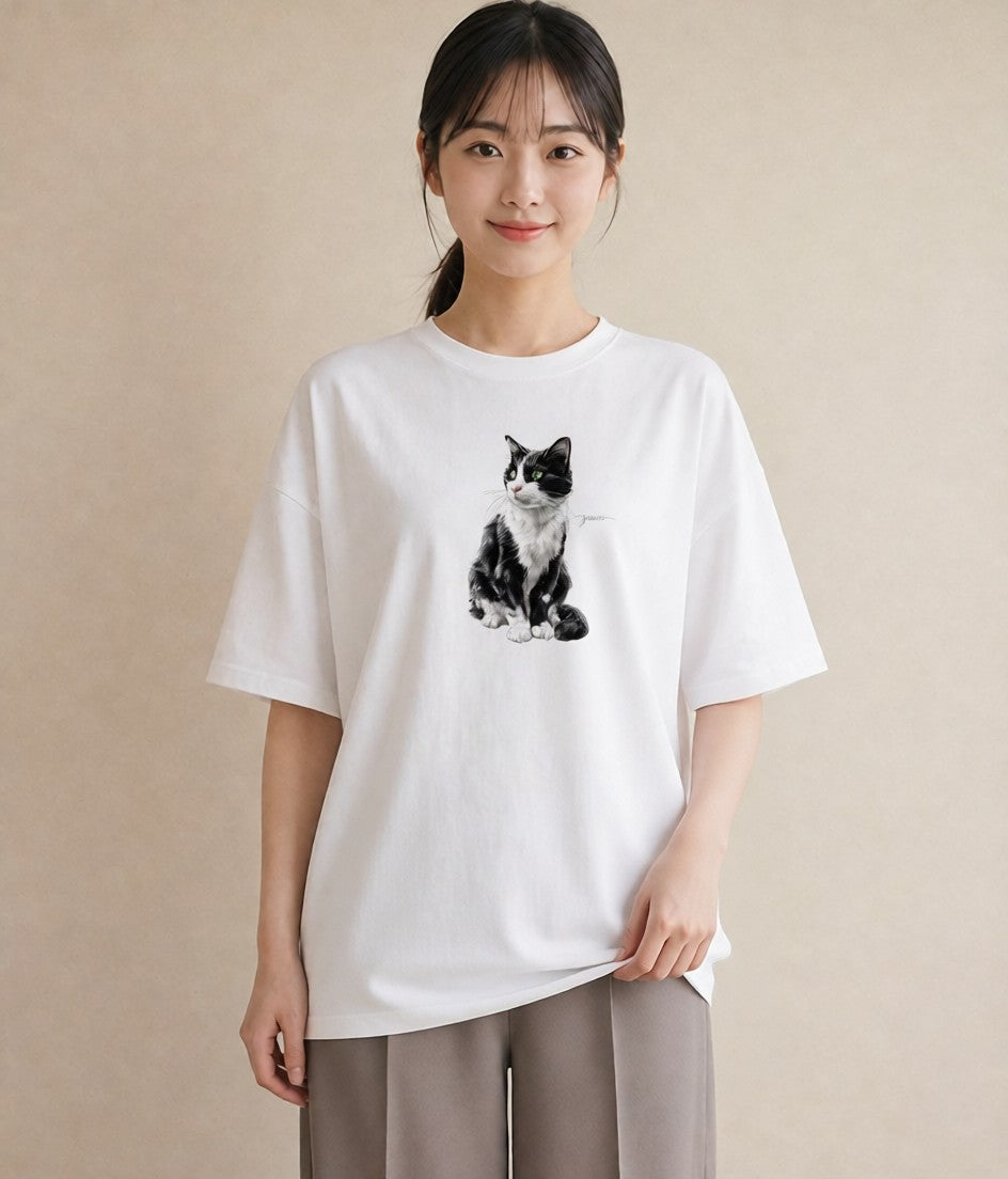 Tシャツ レディース メインクーン 猫 ねこ イラスト 淡色 通勤 在宅 白T