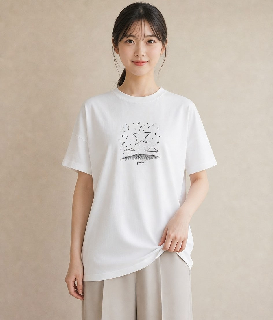 半袖Tシャツ レディース 月と星 星空 ムーン イラスト アート風 レイヤード 友達ギフト 白T