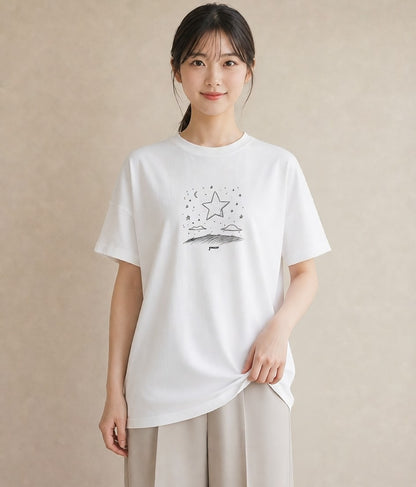 半袖Tシャツ レディース 月と星 星空 ムーン イラスト アート風 レイヤード 友達ギフト 白T