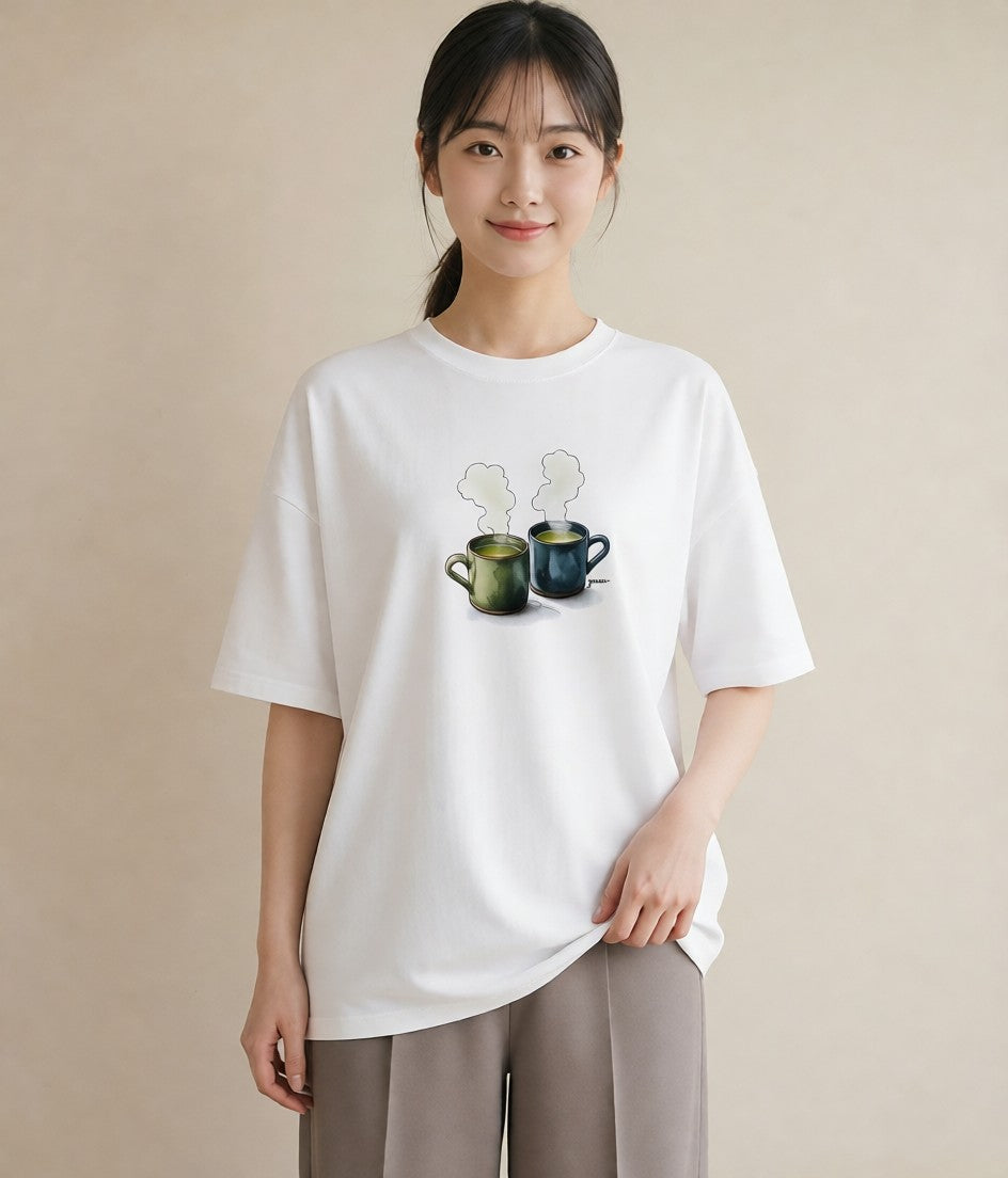 Tシャツ レディース 紅茶 食べ物 フード イラスト 線画 ミセス 春コーデ 白T