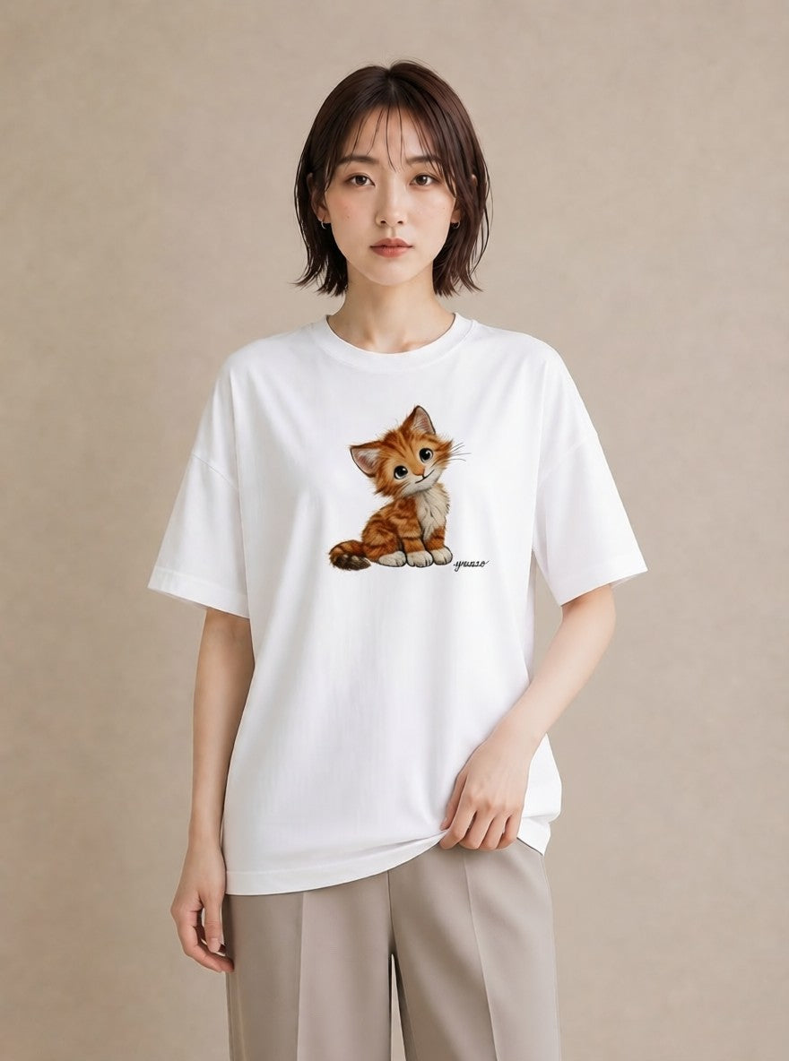 デザインTシャツ レディース 茶トラ 茶猫 猫 ねこ イラスト 北欧風 旅行用 海 白T