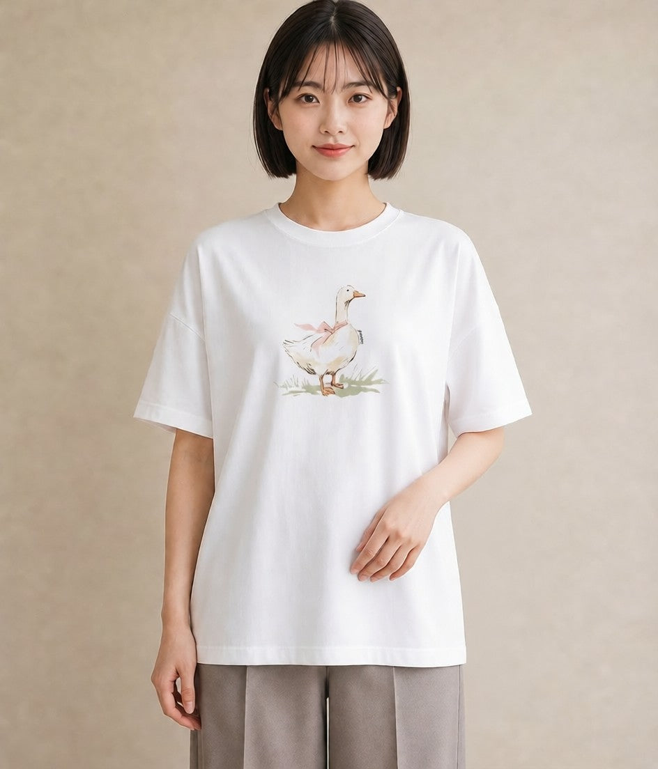 半袖Tシャツ レディース ハクチョウ 動物 アニマル イラスト ゆるコーデ 夏コーデ 通学 白T