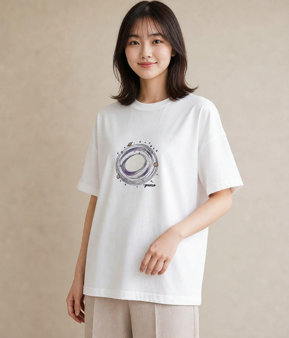 半袖Tシャツ レディース 満月 星空 宇宙 イラスト 手描き風 ペアコーデ 秋コーデ 白T