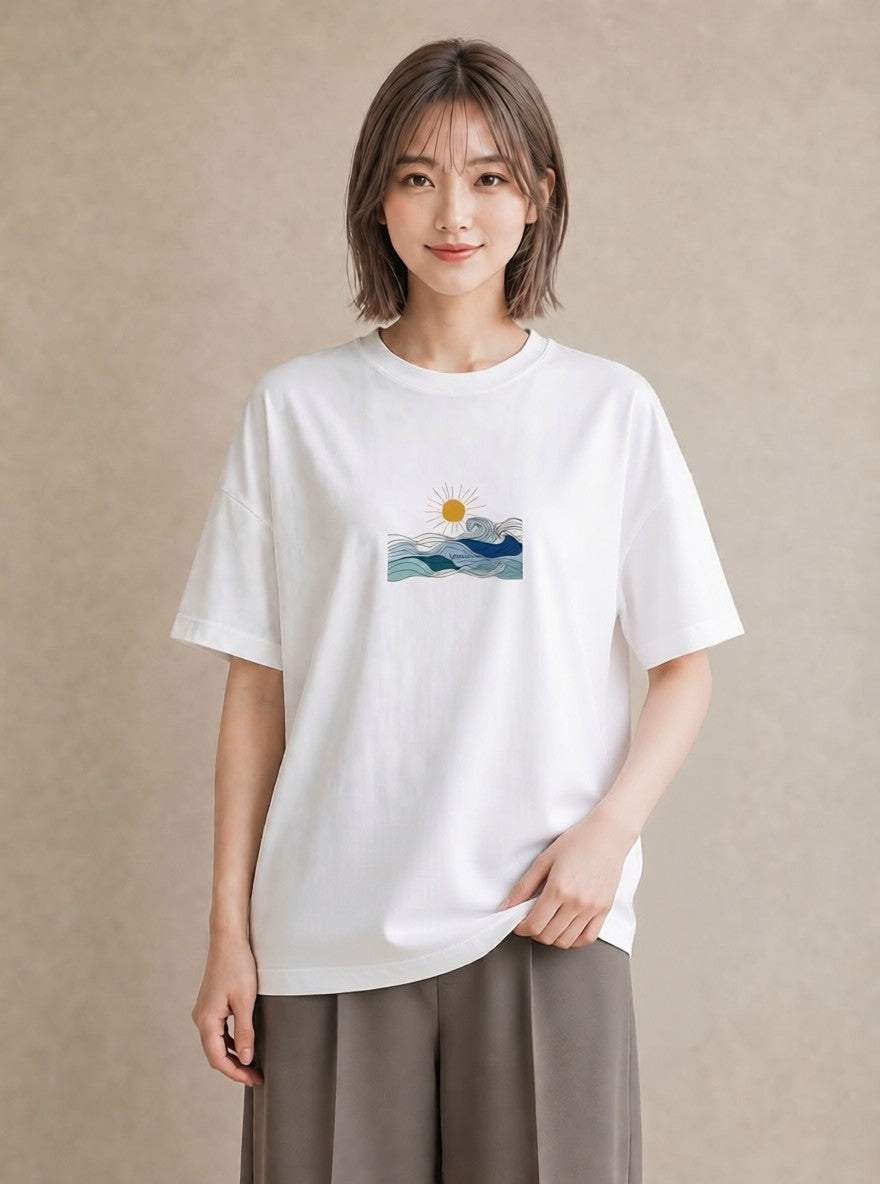 半袖Tシャツ レディース 海 リゾート 夏 イラスト 韓国風 レイヤード 友達ギフト 白T
