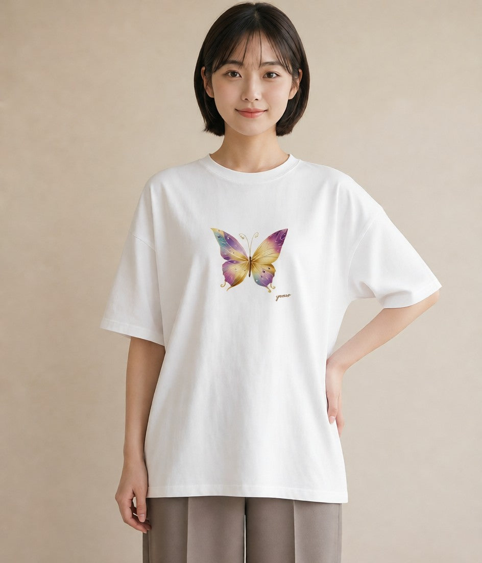 プリントTシャツ レディース ちょうちょ 蝶 バタフライ 昆虫 虫 イラスト きれいめ ホワイトデー 春服 白T