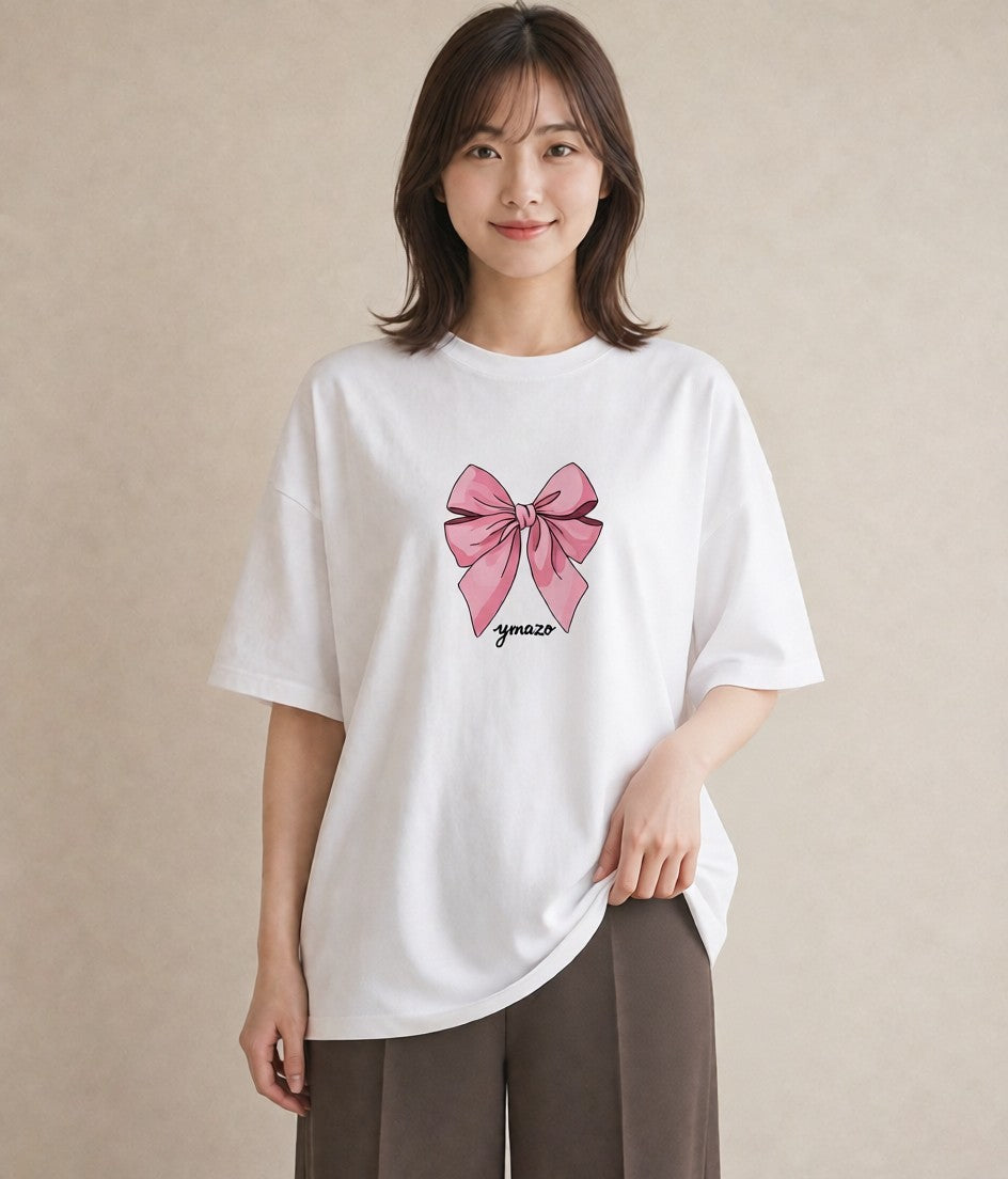 Tシャツ レディース リボン 蝶結び ナチュラル アンティーク イラスト ヴィンテージ風 女性 旅行用 白T