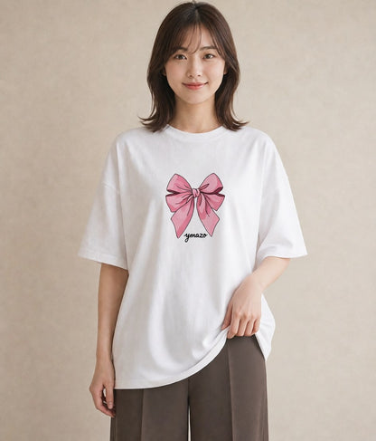 Tシャツ レディース リボン 蝶結び ナチュラル アンティーク イラスト ヴィンテージ風 女性 旅行用 白T