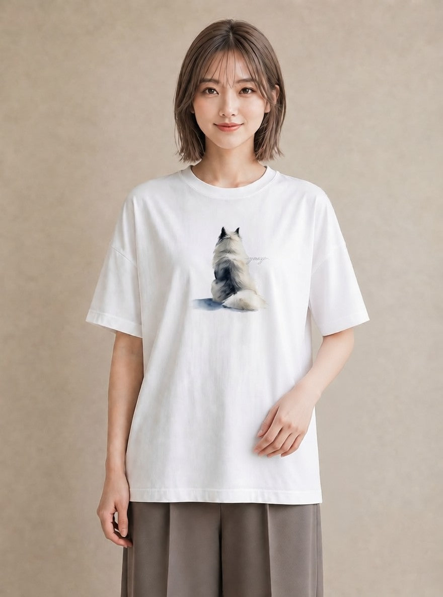 半袖Tシャツ レディース ロシアンブルー 猫 ねこ イラスト 帰省 ラフ 白T