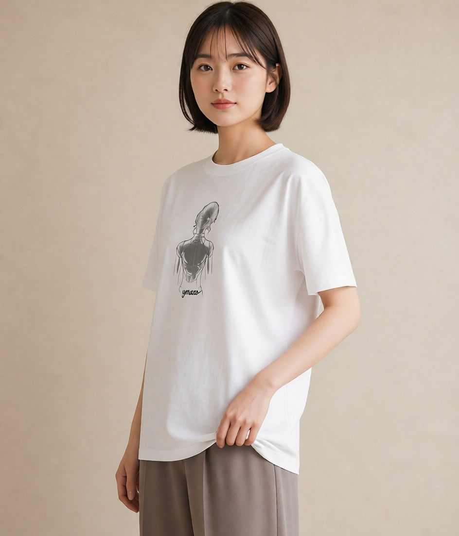 半袖Tシャツ レディース 女の子 ガール 後ろ姿 イラスト ヴィンテージ風 買い物 夏コーデ 白T