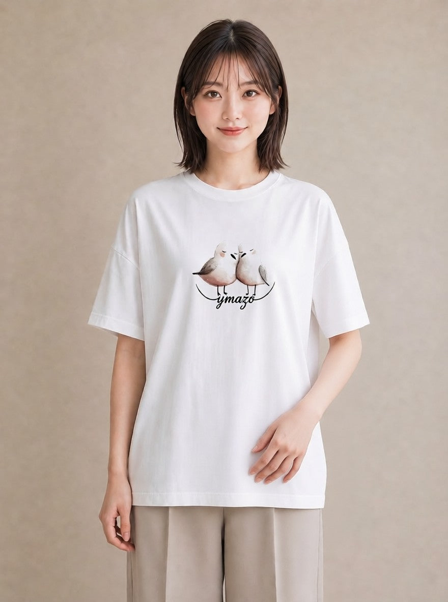 Tシャツ レディース 遠い家と鳥 風景 鳥 ナチュラル アンティーク イラスト 普段使い 誕生日プレゼント 綿100 白T