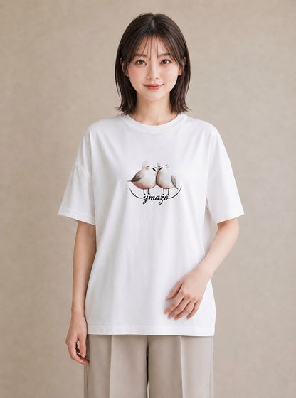 Tシャツ レディース 遠い家と鳥 風景 鳥 ナチュラル アンティーク イラスト 普段使い 誕生日プレゼント 綿100 白T