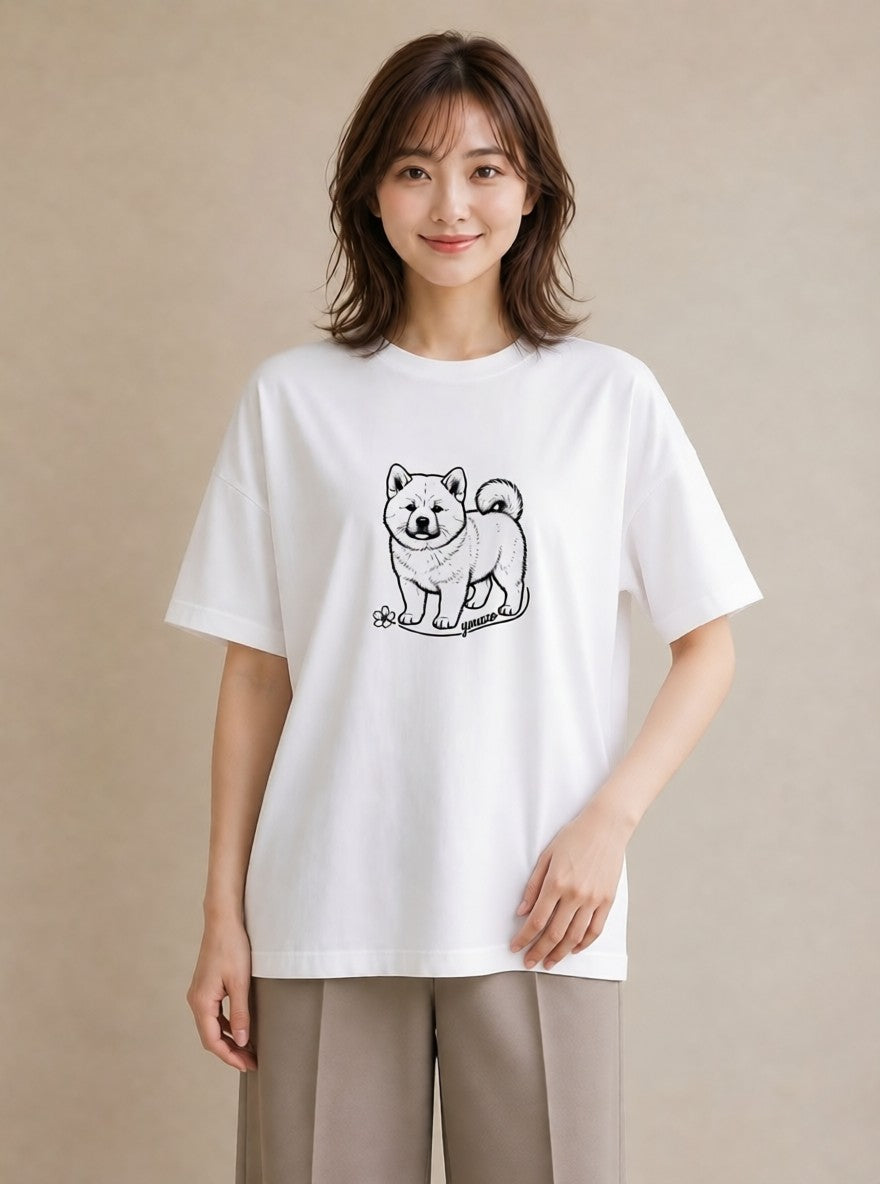 プリントTシャツ レディース 秋田犬 犬 いぬ イラスト ボタニカル 在宅 公園 白T