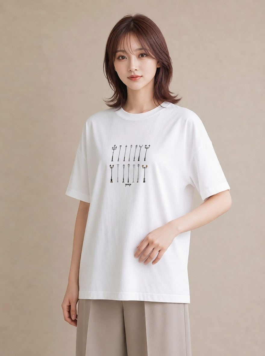 Tシャツ レディース 街灯 夜霧 夜 ナチュラル アンティーク イラスト きれいめカジュアル 夏コーデ 通学 白T