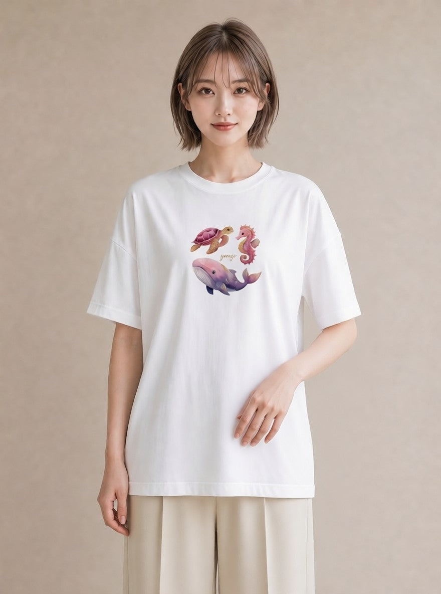 デザインTシャツ レディース タツノオトシゴ 海の生き物 海 イラスト ラフカジュアル お出かけ 普段着 白T