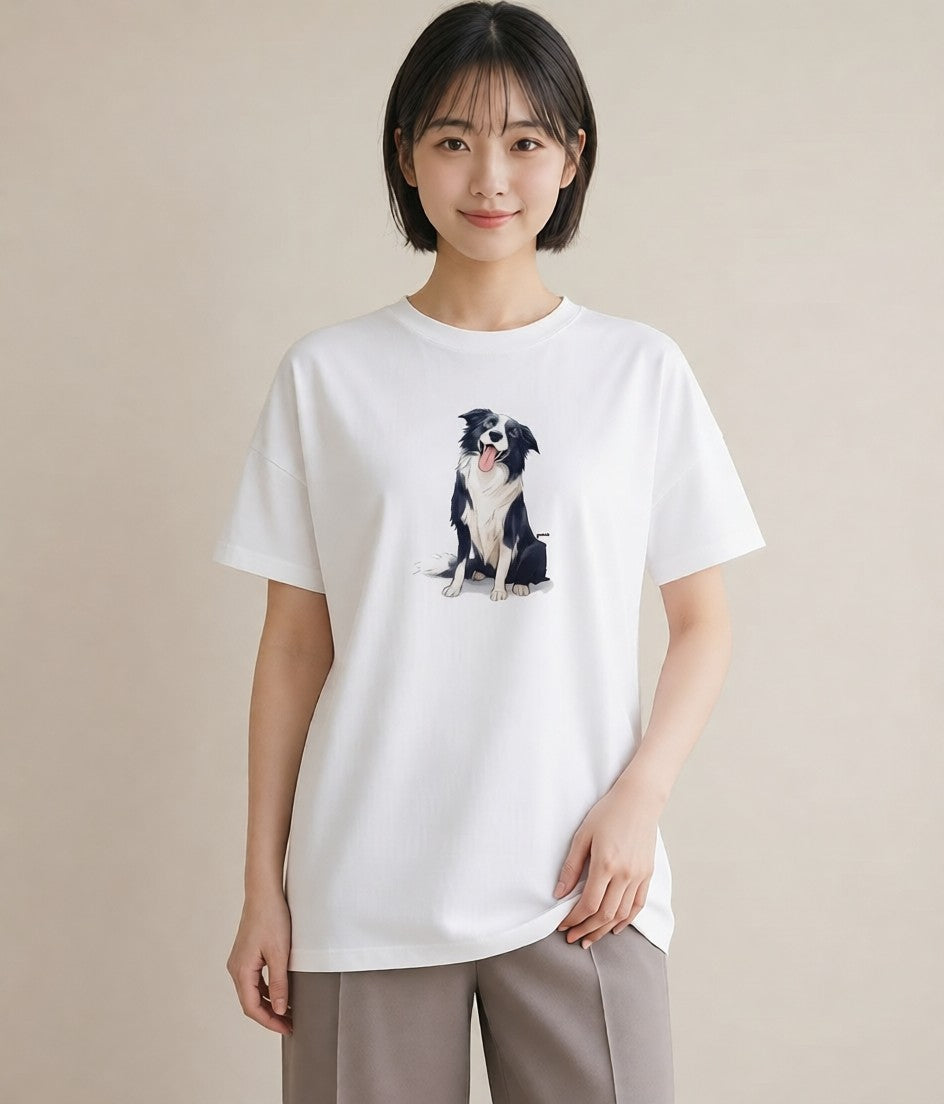 プリントTシャツ レディース ボーダーコリー 犬 いぬ イラスト ヴィンテージ風 お出かけ 普段着 白T