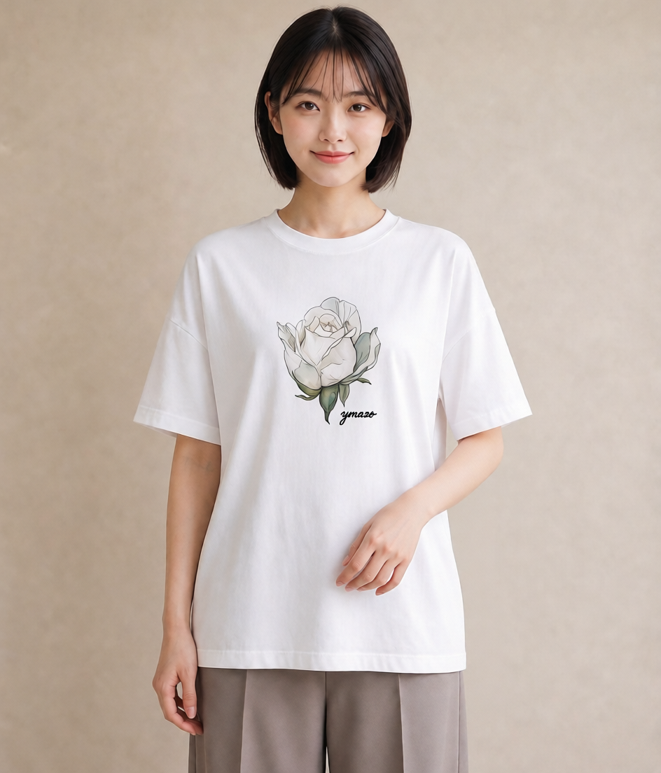 半袖Tシャツ レディース 椿 花 花柄 イラスト 上品 誕生日プレゼント 綿100 白T