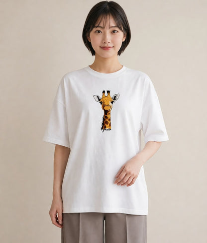 Tシャツ レディース きりん 動物 アニマル イラスト ヴィンテージ風 春服 ミセス 白T