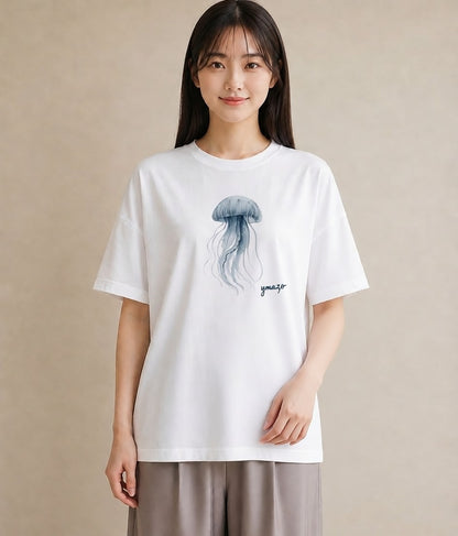 プリントTシャツ レディース イカ 海の生き物 海 イラスト 線画 在宅 公園 白T