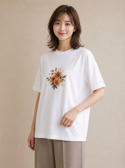 Tシャツ レディース 花 花柄 イラスト カフェコーデ 海 カフェ巡り 白T