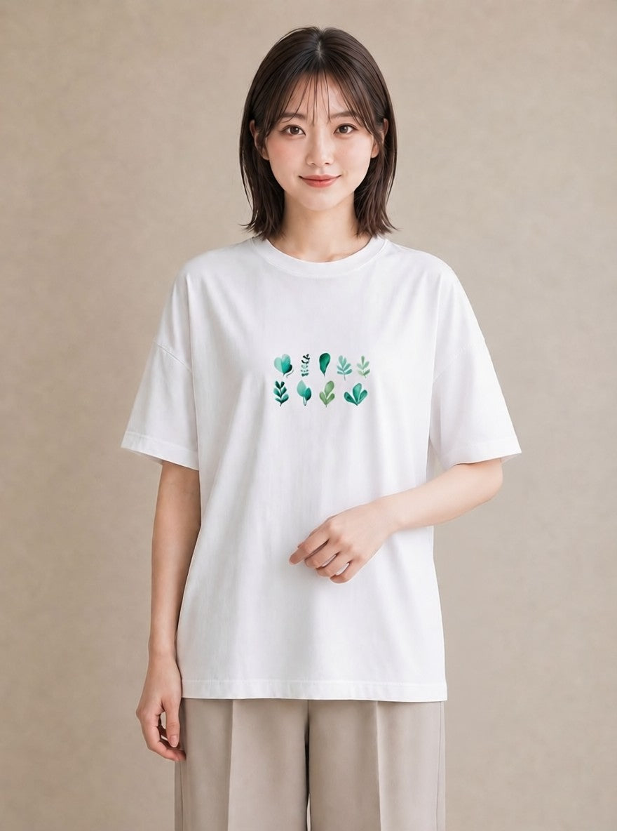 半袖Tシャツ レディース シダ 植物 ボタニカル イラスト カフェコーデ ラフ レイヤード 白T