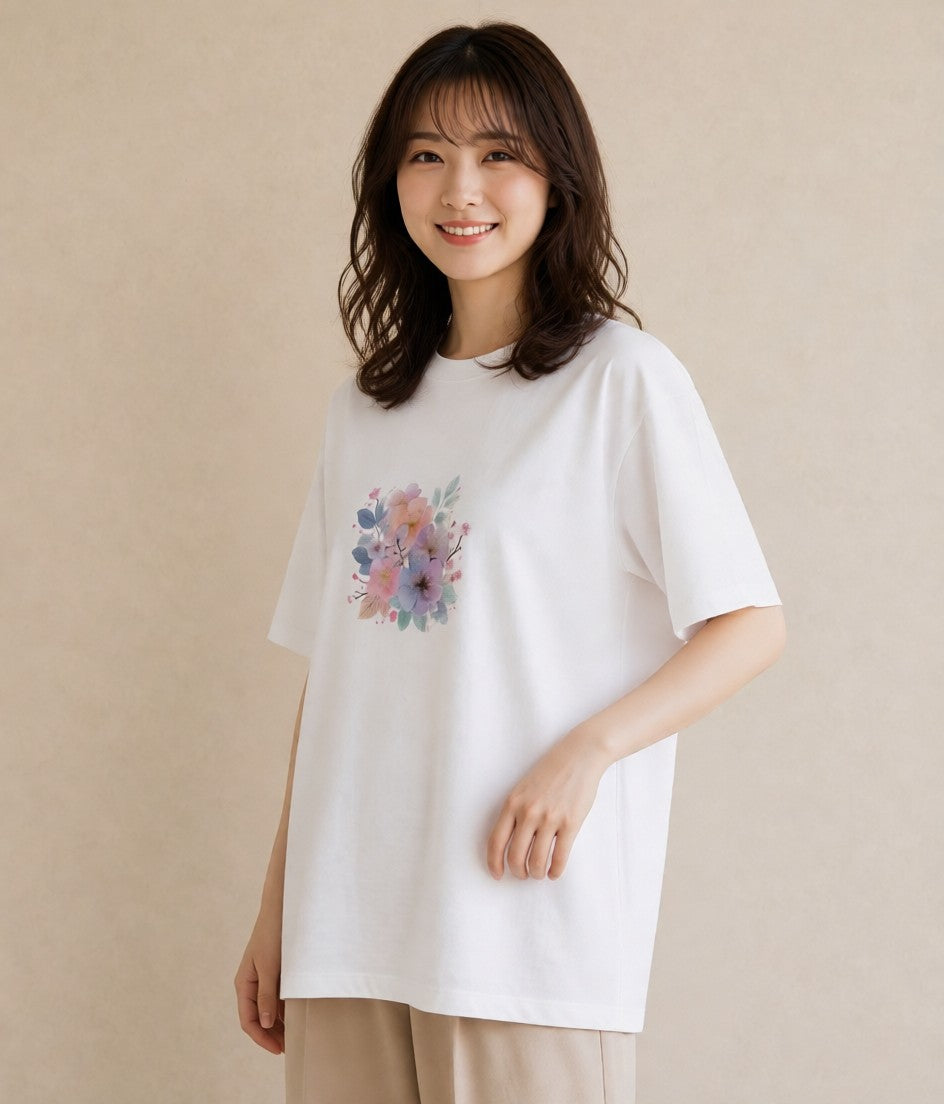 グラフィックTシャツ レディース 椿 花 花柄 イラスト ラフ 散歩 お出かけ 白T